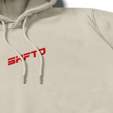 SHFTD Hoodie in Beige - close-up of the print detail