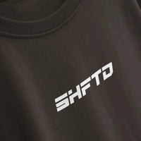 SHFTD T-Shirt in Brown - close-up of the print detail