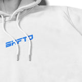 Don't Look Back Hoodie in White - close-up of the print detail