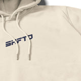 Hoodie SHFTD en beige - gros plan sur l'impression