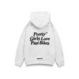 Hoodie Pretty Girls Love Fast Bikes en blanc - vue de dos