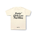 Pretty Girls Love Fast Bikes T-Shirt in Beige - back view