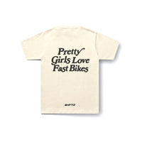Pretty Girls Love Fast Bikes T-Shirt in Beige - back view