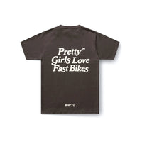 Pretty Girls Love Fast Bikes T-Shirt in Brown - back view